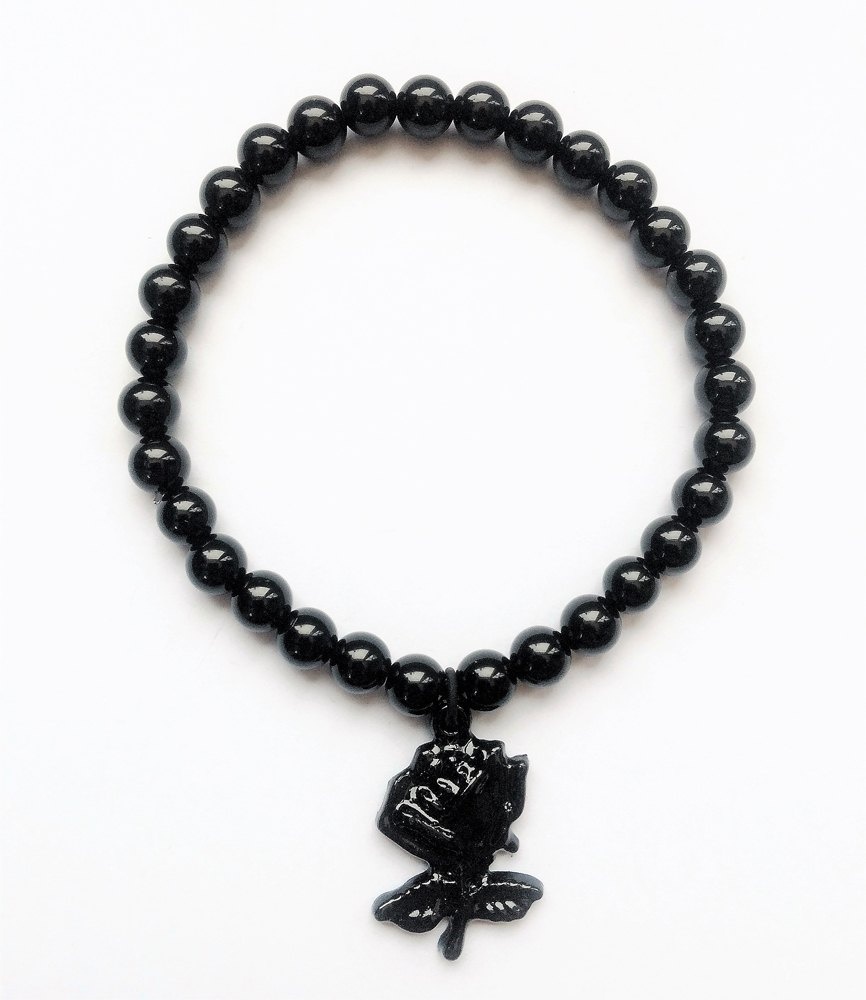 My Beautiful Gothic Black onyx gemstone and hand-painted black metal rose charm bracelet