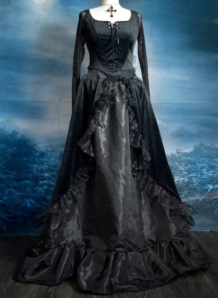 Blackdeath Skirt - steamed velvet, lace and taffeta steampunk goth skirt by Moonmaiden Gothic Clothing