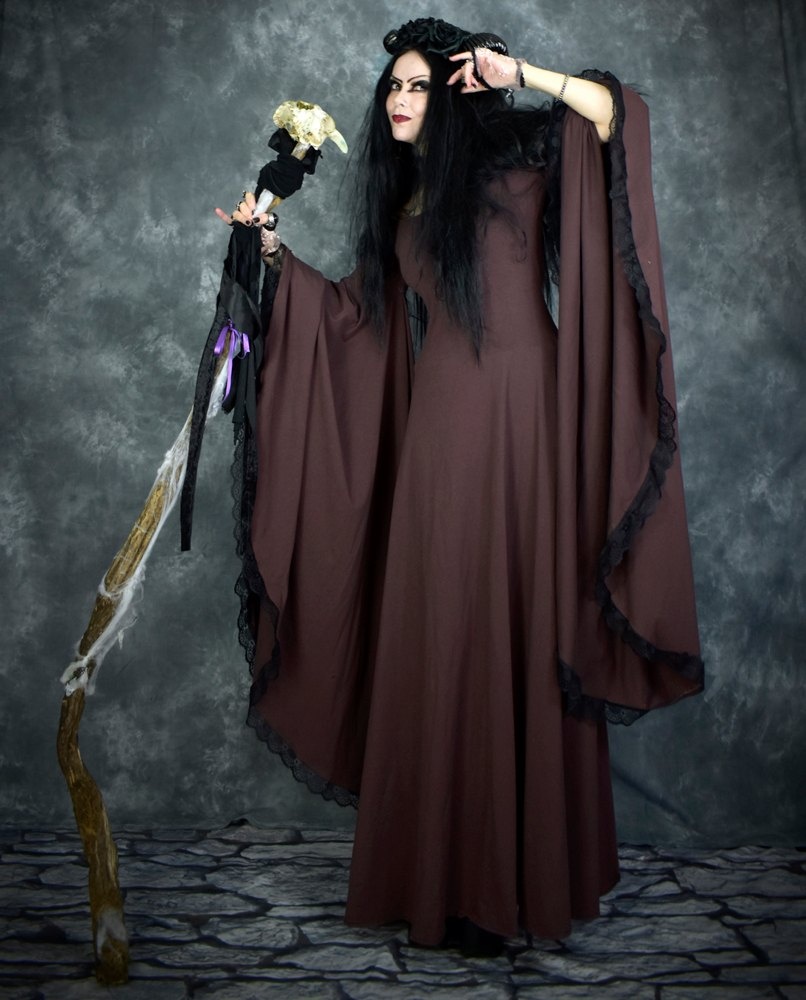 Crymaria Wynter Witch Gown - cotton lycra witchy dress with epic sleeves by Moonmaiden Gothic Clothing