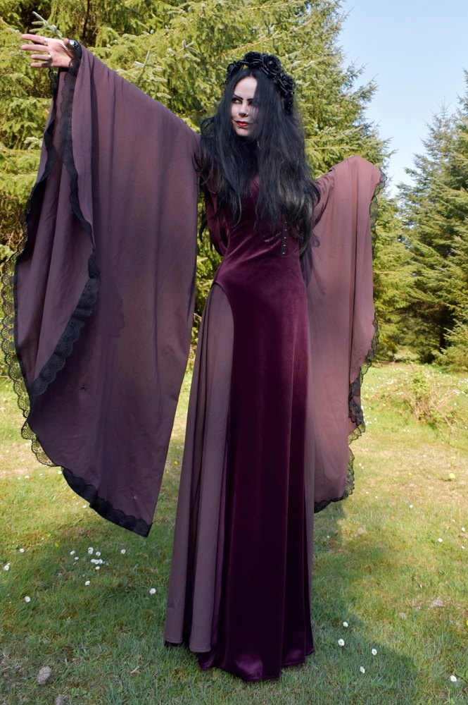 Crymaria Wynter Witch Gown - cotton lycra witchy dress with epic sleeves by Moonmaiden Gothic Clothing