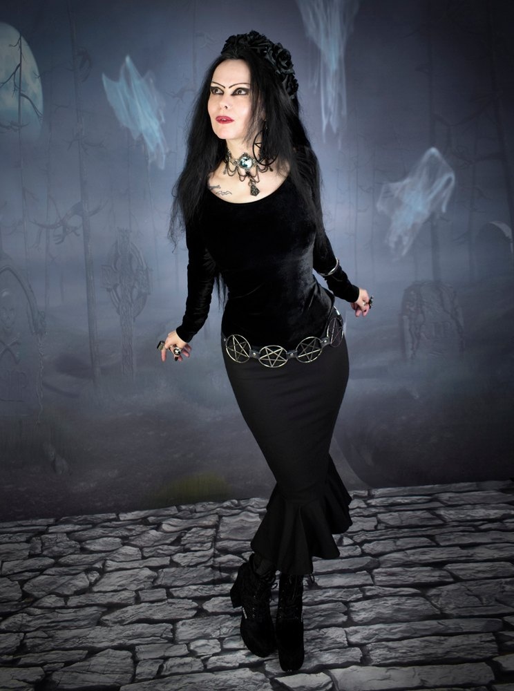 Eviscerella Hobble Skirt - cotton lycra slinky fitted midi skirt by Moonmaiden Gothic Clothing