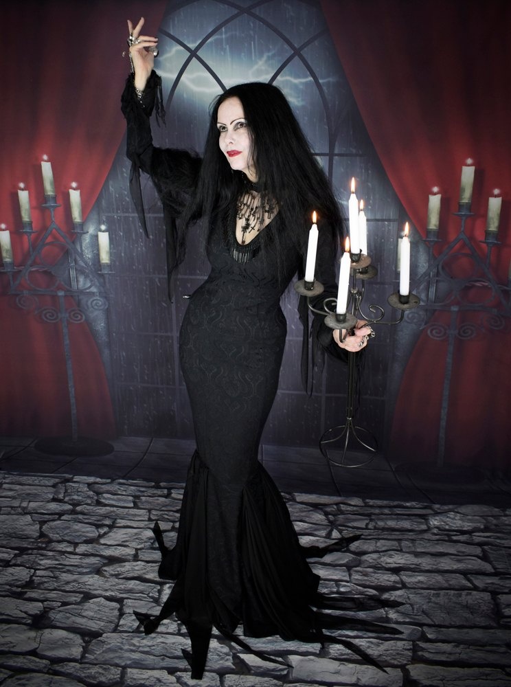 Anjelica Huston Morticia Addams Deluxe Gown - brocade cosplay costume Addams Family replica dress by Moonmaiden Gothic Clothing