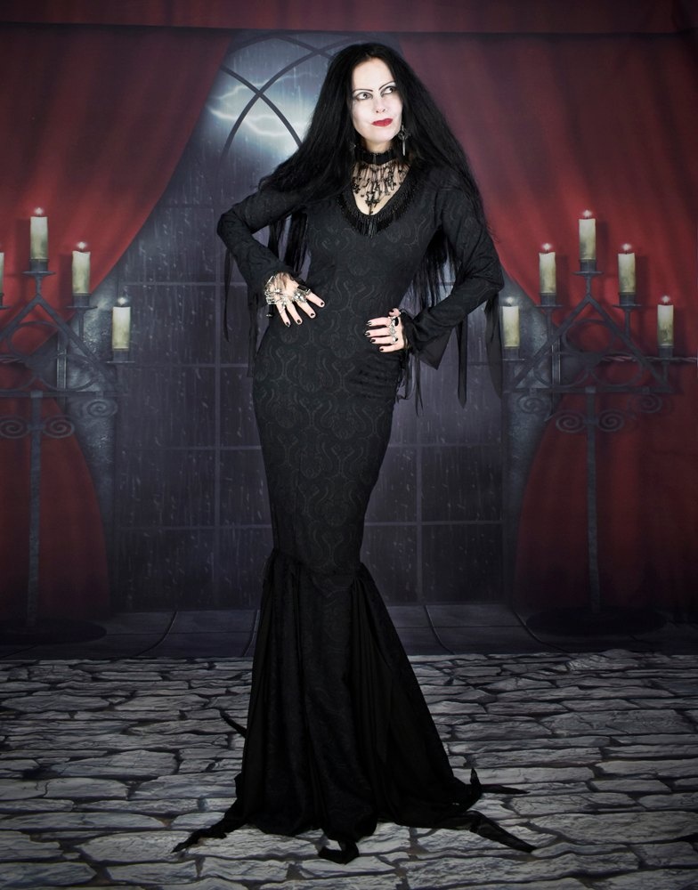 Anjelica Huston Morticia Addams Deluxe Gown - brocade cosplay costume Addams Family replica dress by Moonmaiden Gothic Clothing