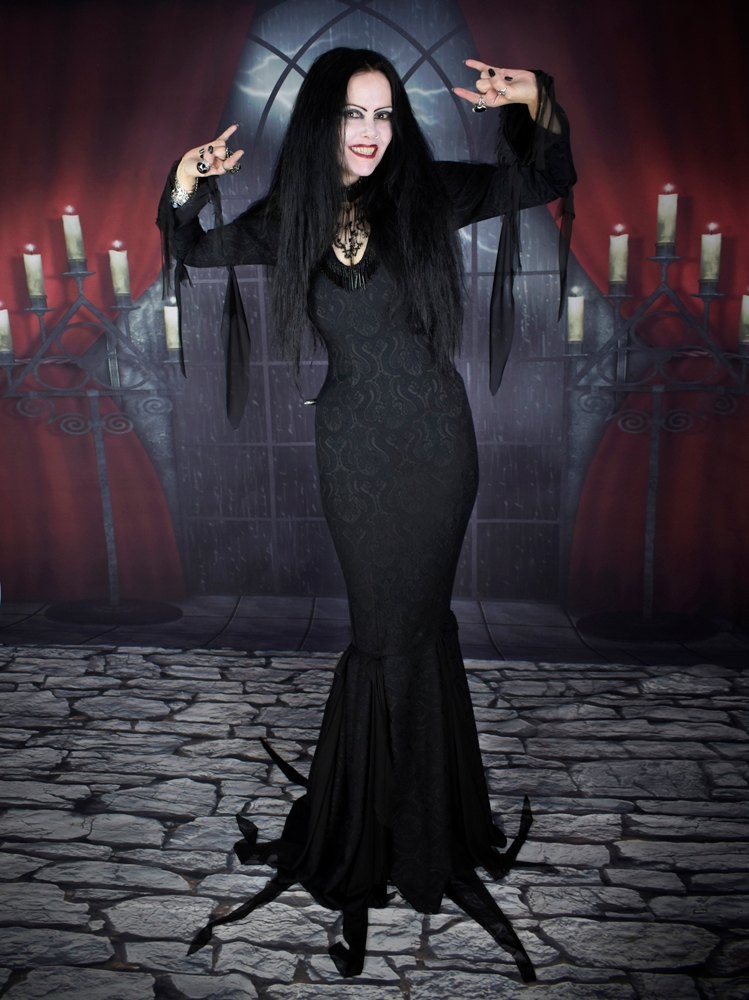 Anjelica Huston Morticia Addams Deluxe Gown - brocade cosplay costume Addams Family replica dress by Moonmaiden Gothic Clothing