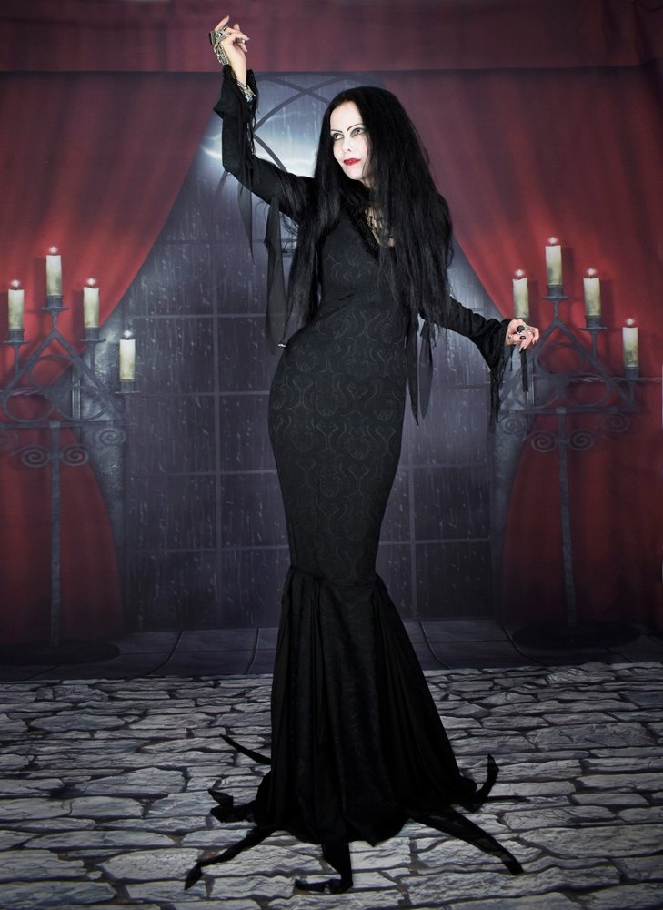Anjelica Huston Morticia Addams Deluxe Gown - brocade cosplay costume Addams Family replica dress by Moonmaiden Gothic Clothing
