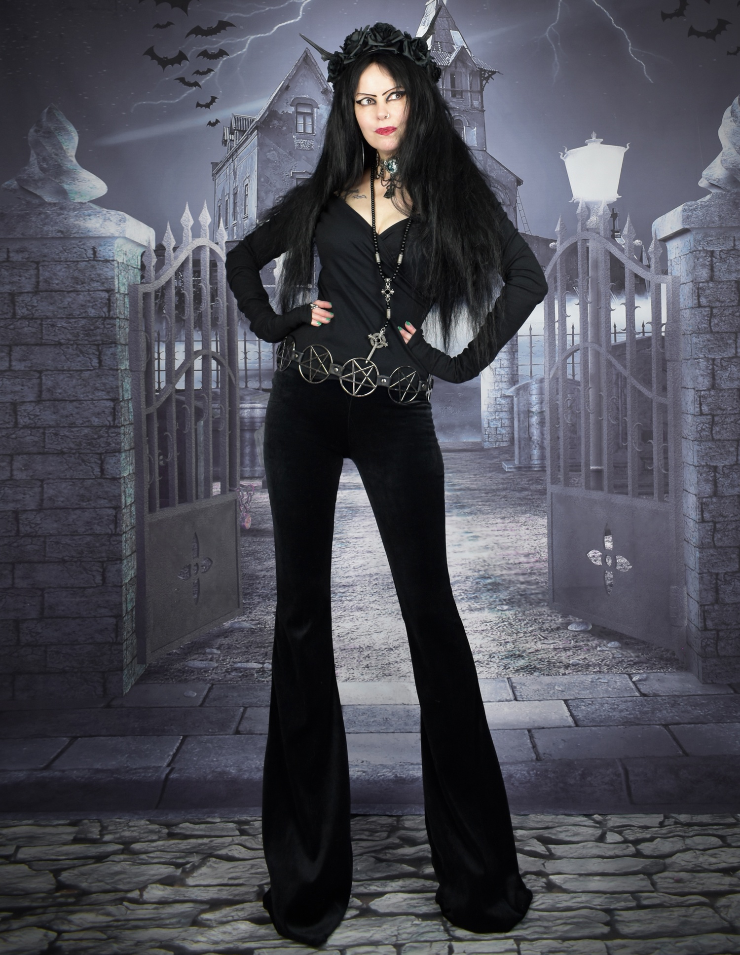 Black velvet bootcut trousers sale