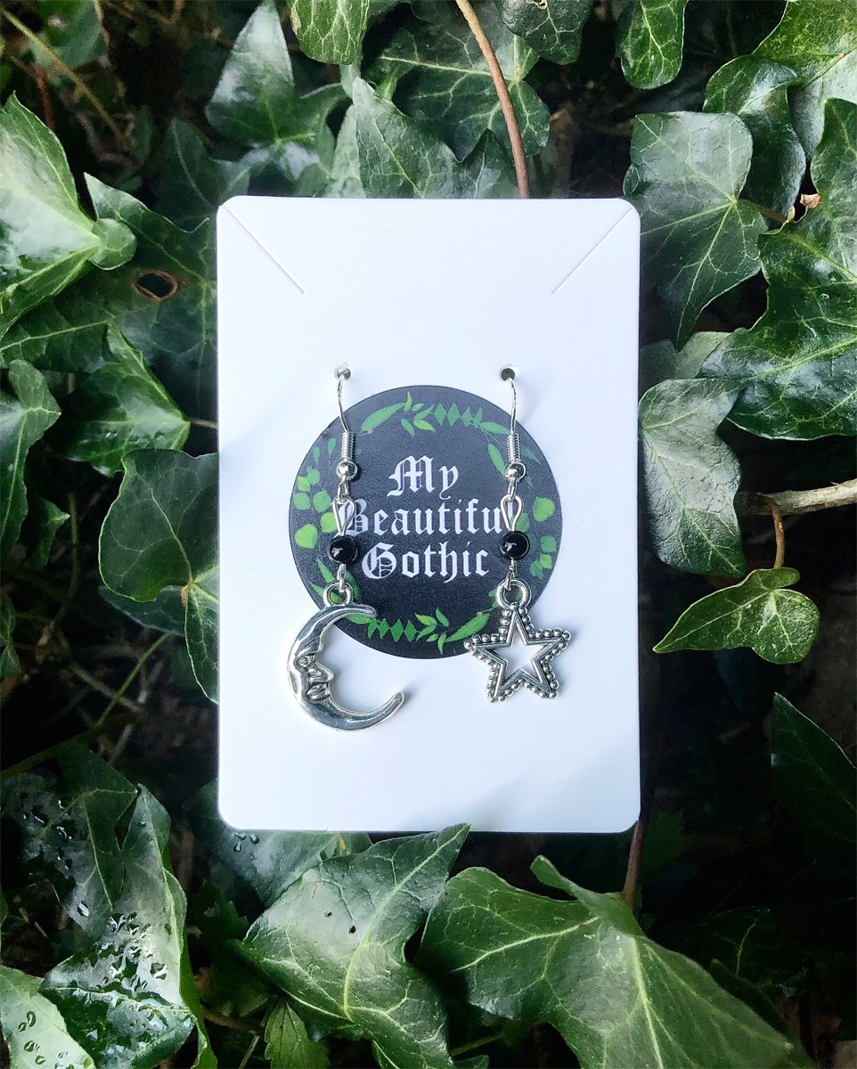 My Beautiful Gothic Moon and Star Black Onyx Earrings