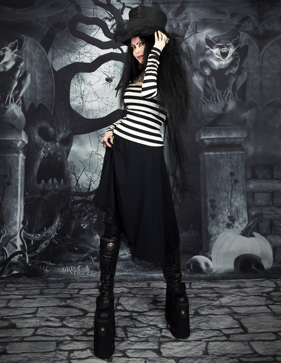 Salem Witch Skirt - cotton lycra midi skirt with lace trim hem by Moonmaiden Gothic Clothing