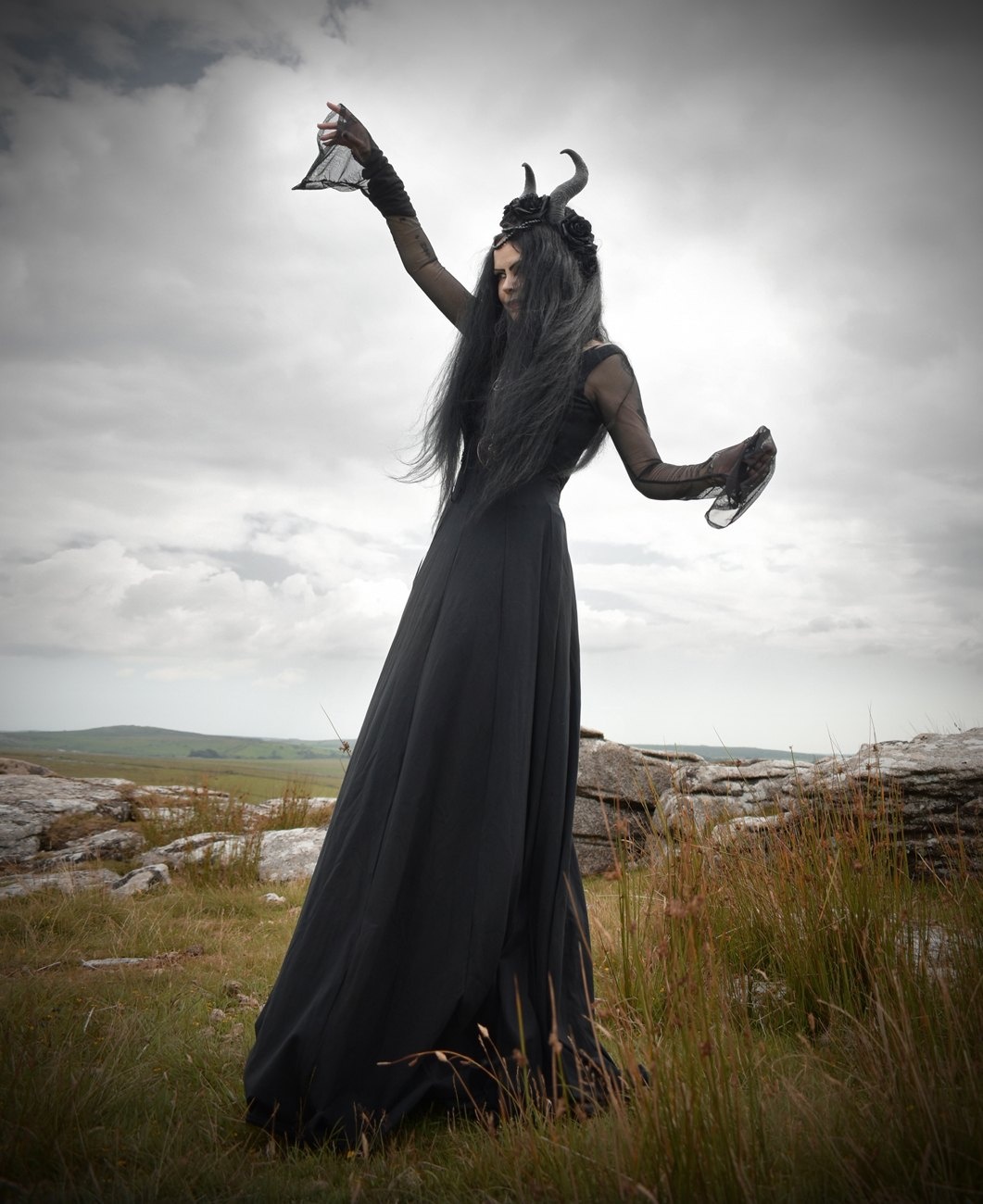 Minerva Maiden Gown - Cotton and Mesh witchy pagan long dress by Moonmaiden Gothic Clothing