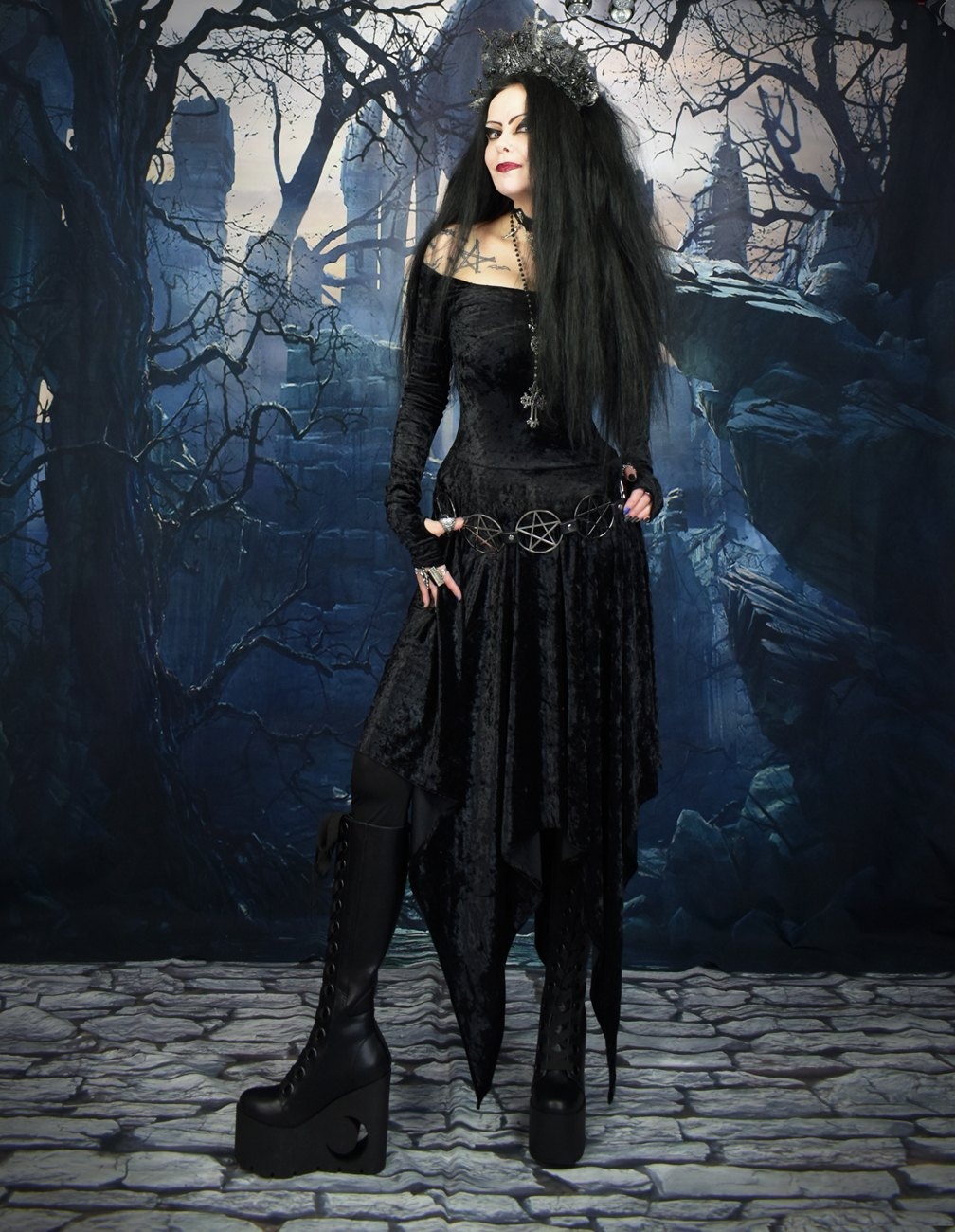 Velvet Lamentation Dress - Long Sleeved Thumbhole Witchy Dress by  Moonmaiden Gothic Clothing