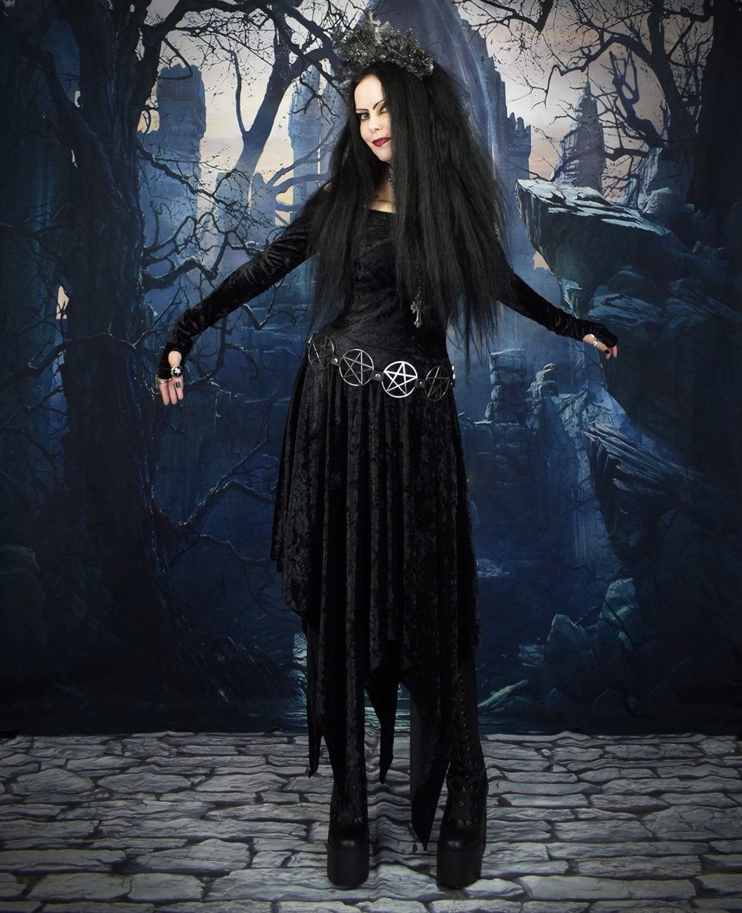 Velvet Lamentation Dress - Long Sleeved Thumbhole Witchy Dress by Moonmaiden Gothic Clothing