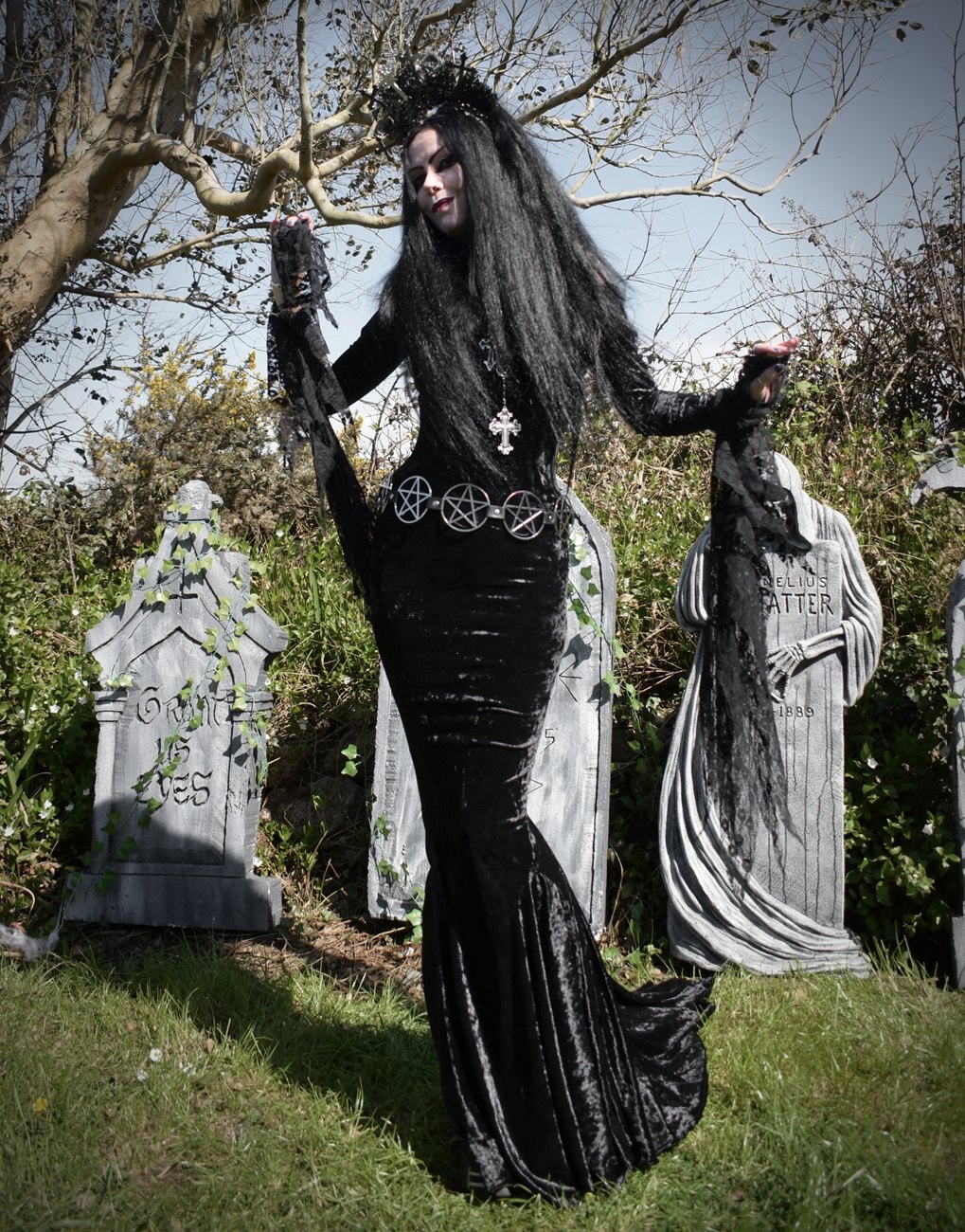Velvet Morticia Raven Dress - crushed velvet morticia dress by Moonmaiden Gothic Clothing