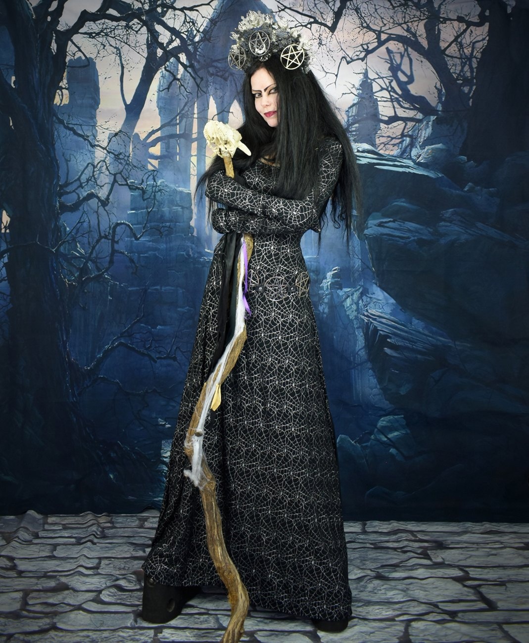 Sparklewitch Dress - cobweb silver and black witchy dress by Moonmaiden Gothic Clothing