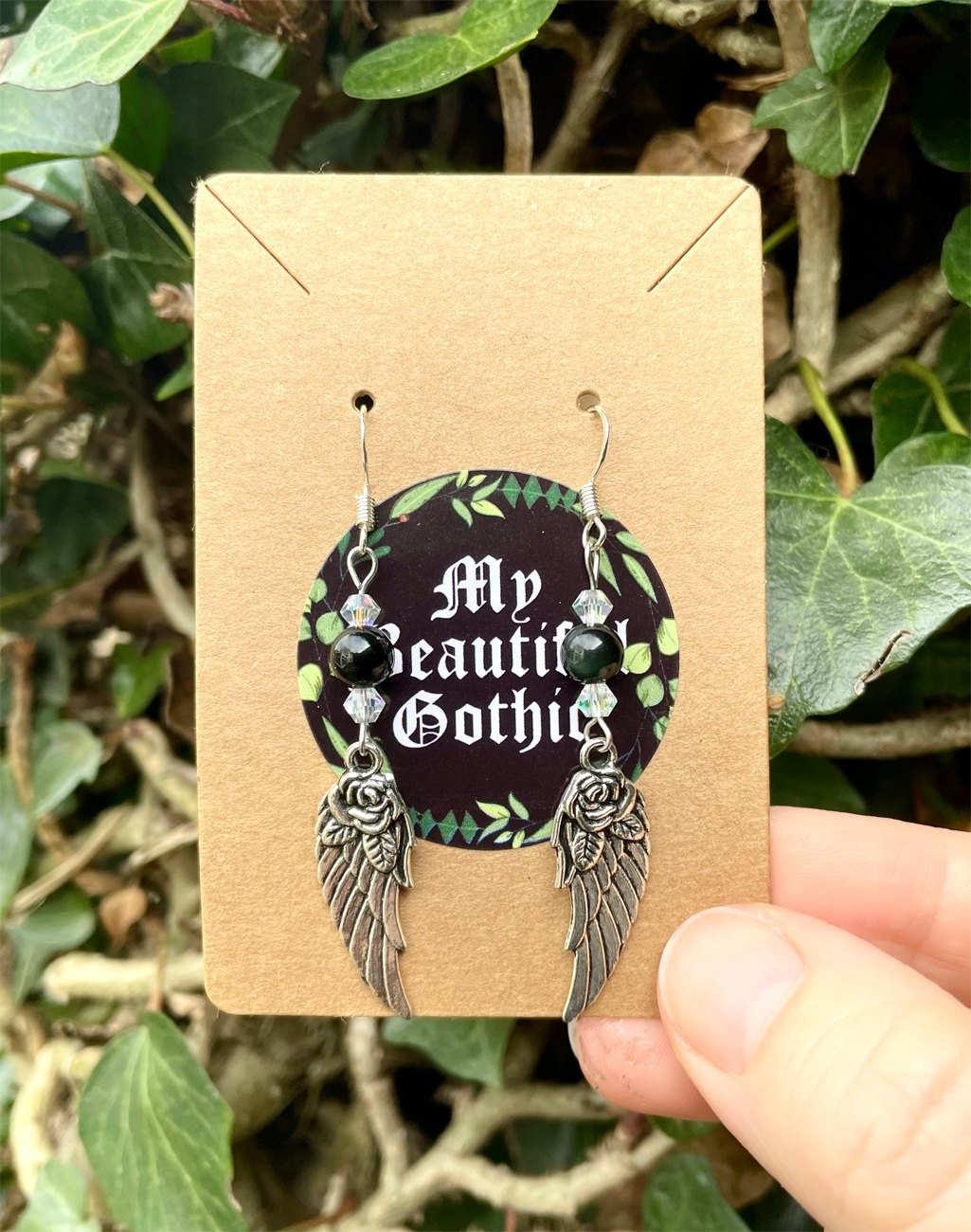 Black Onyx & Rose Angel Wing Earrings