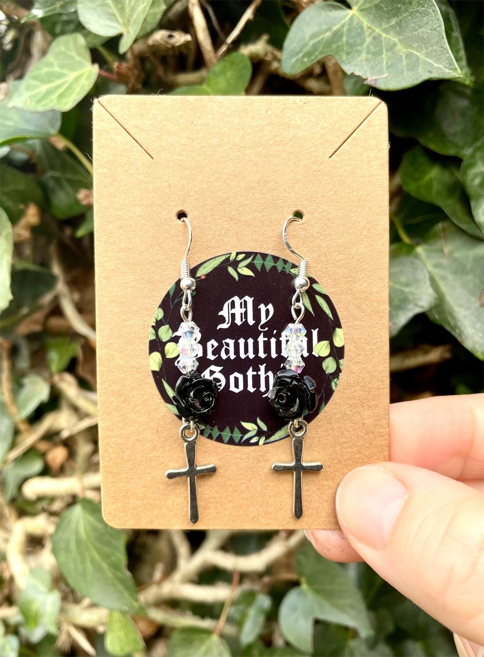 My Beautiful Gothic Black Rose & Cross Earrings