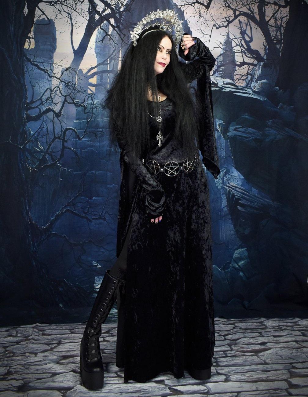 Velvet Morrigan Witch Dress - crushed velvet witchy goth gown by Moonmaiden Gothic Clothing