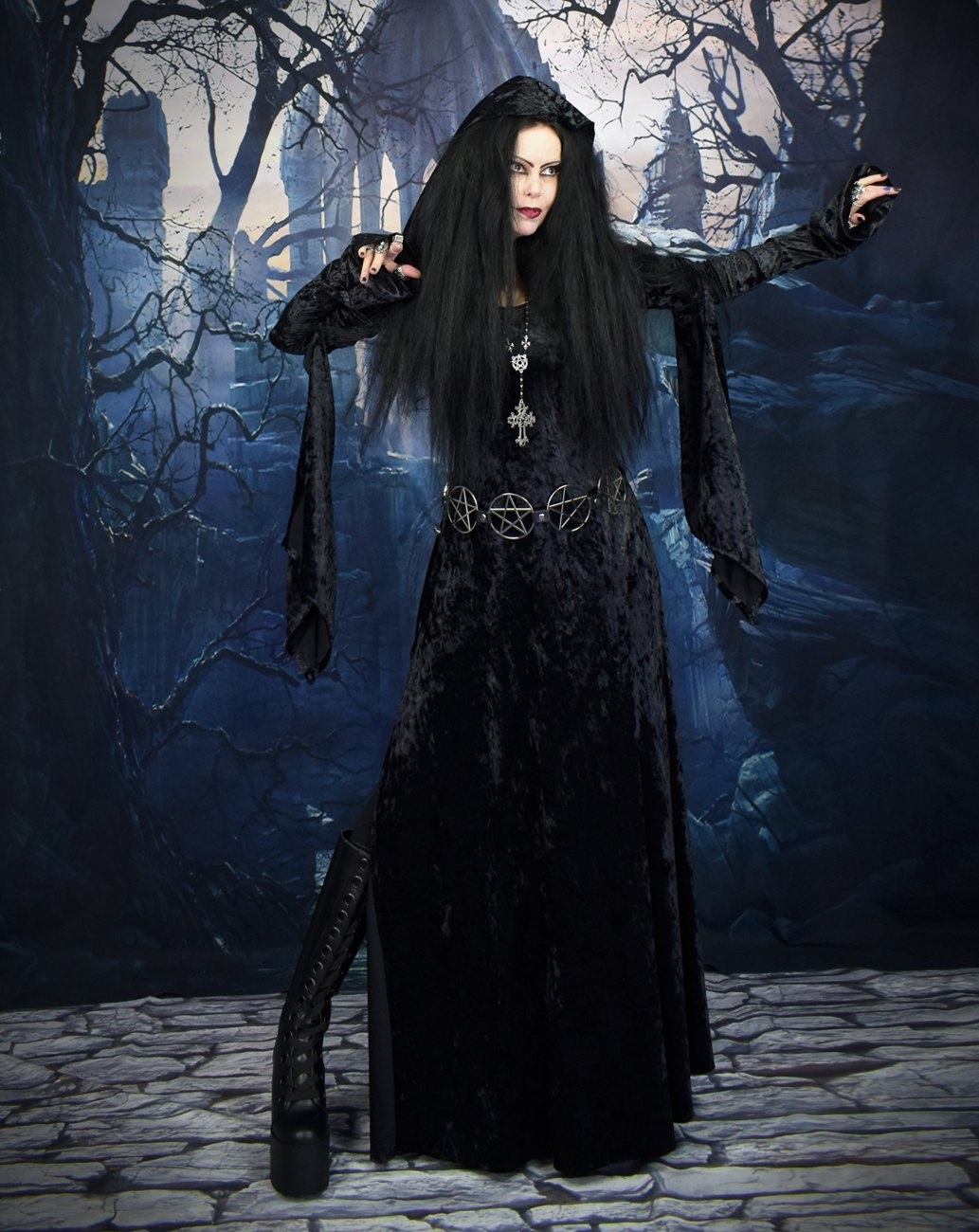 Velvet Morrigan Witch Dress - crushed velvet witchy goth gown by Moonmaiden Gothic Clothing