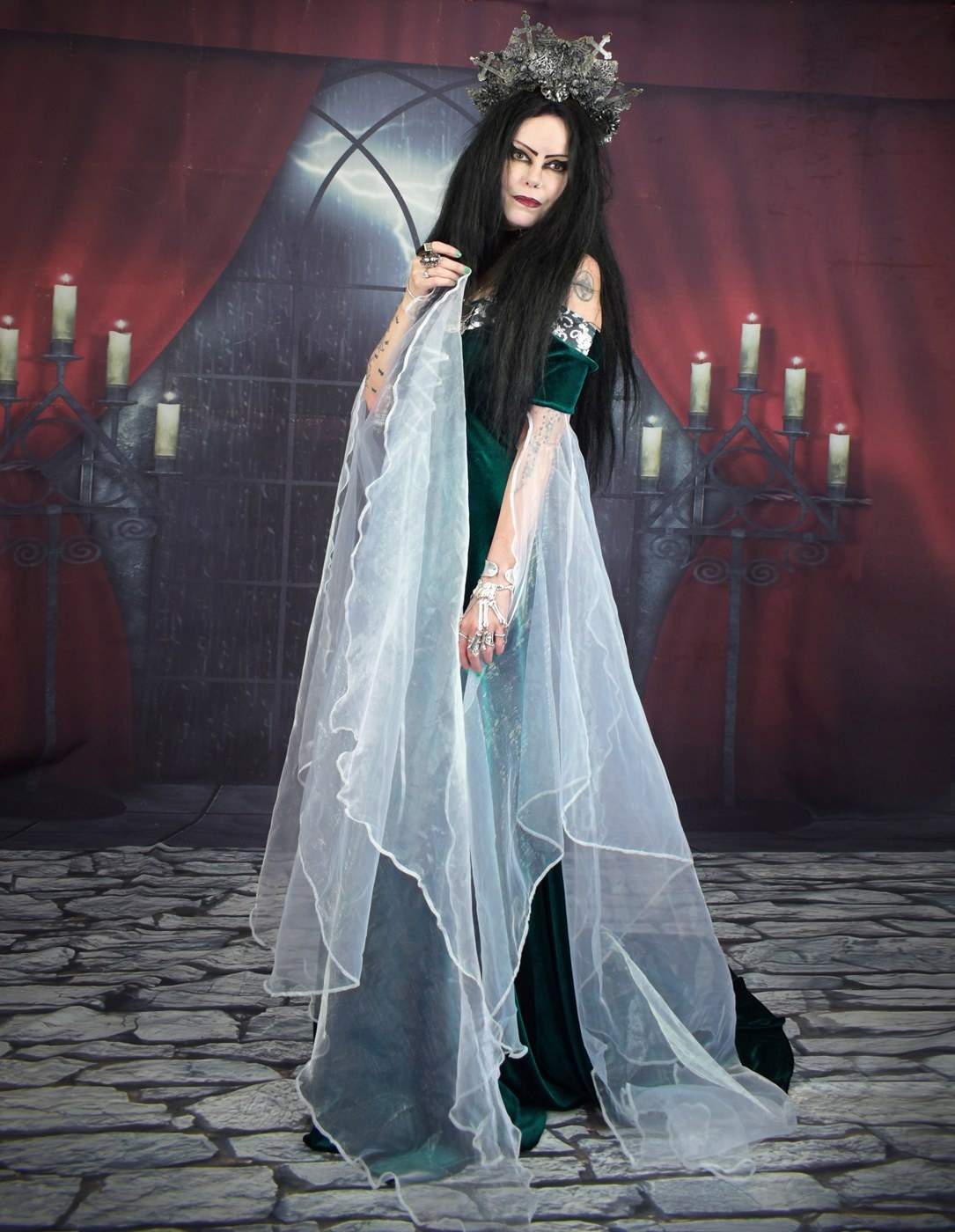 Finduilas Gown - spandex velvet and Organza Elven Witch Dress by Moonmaiden Gothic Clothing