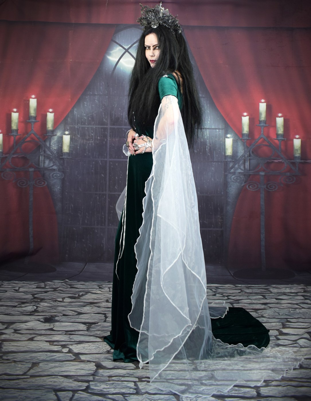 Finduilas Gown - spandex velvet and Organza Elven Witch Dress by Moonmaiden Gothic Clothing