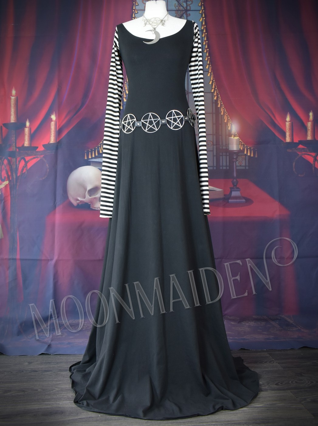 Diamanda Witch Dress - cotton lycra stripey sleeve long witchy dress by Moonmaiden Gothic Clothing