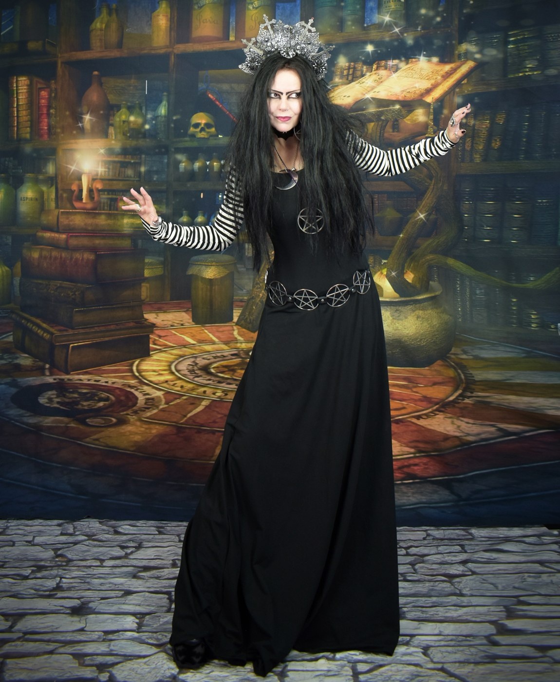 Diamanda Witch Dress - cotton lycra stripey sleeve long witchy dress by Moonmaiden Gothic Clothing