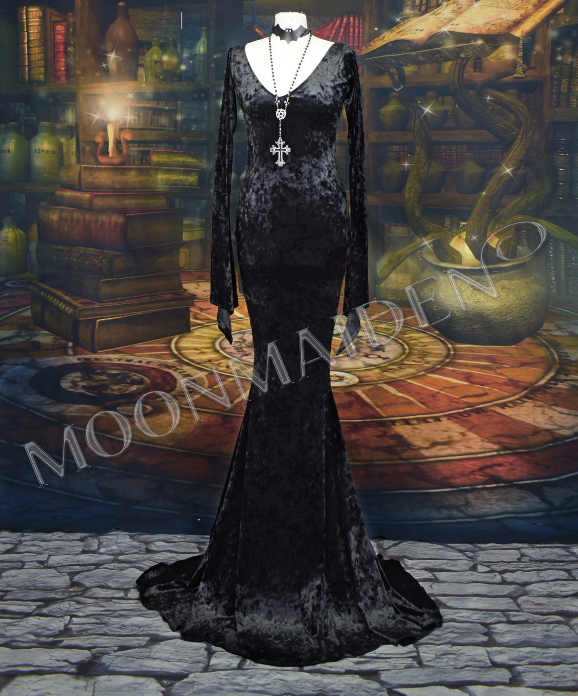 Slinky Morty Dress - velvet morticia addams dress by Moonmaiden Gothic Clothing