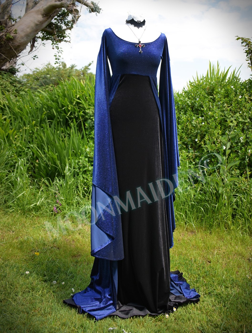 Moonlight Fae of the Falls Gown - midnight sparkle velvet witchy elven dress by Moonmaiden Gothic Clothing