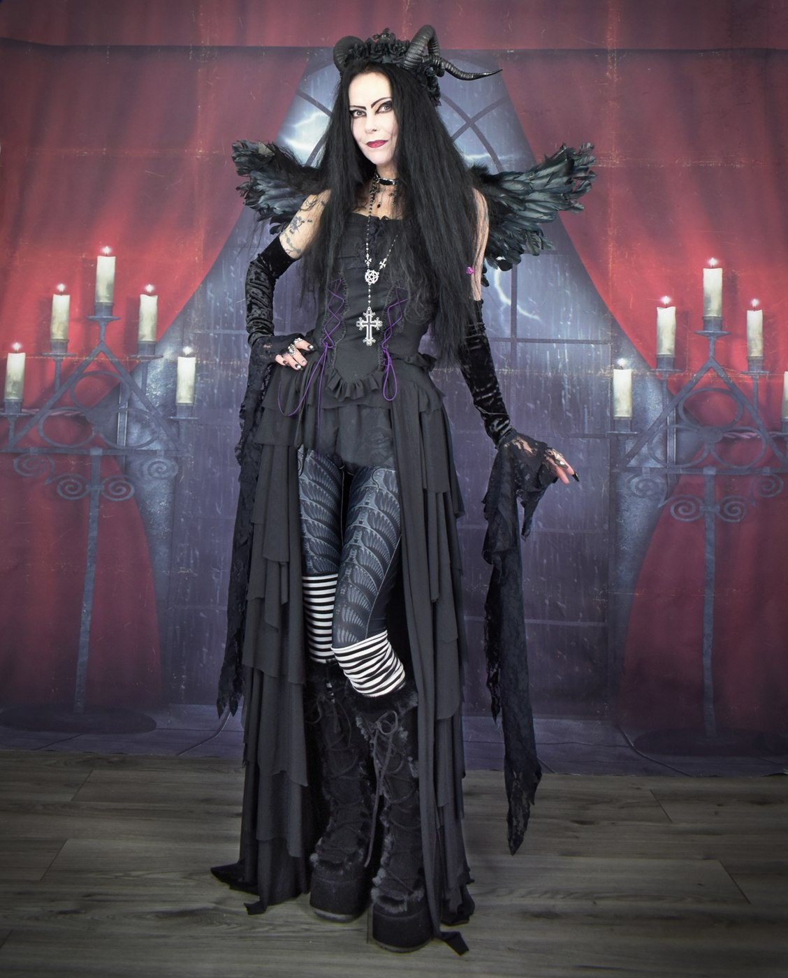 Morticia Raven Gloves - Crushed Velvet and Mesh spooky witchy goth gloves by Moonmaiden Gothic Clothing