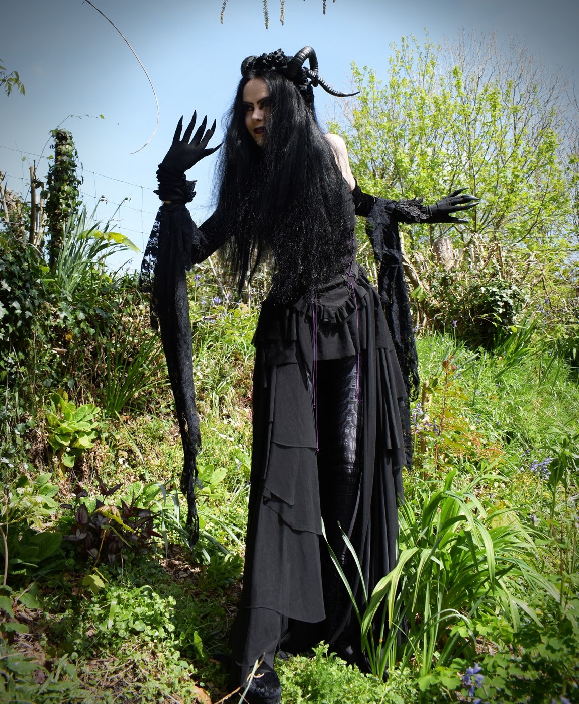 Morticia Raven Gloves - Crushed Velvet and Mesh spooky witchy goth gloves by Moonmaiden Gothic Clothing