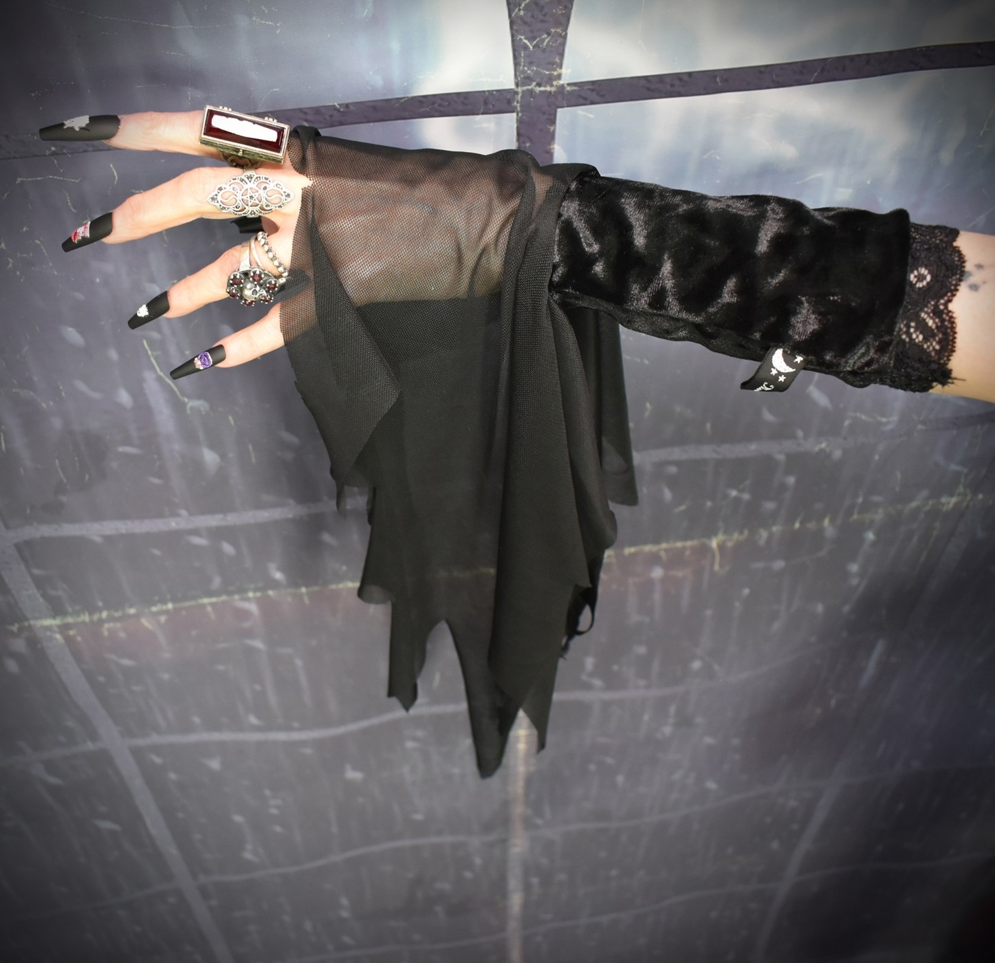 Morticia Raven Glovelets - Crushed Velvet and Mesh spooky witchy goth gloves by Moonmaiden Gothic Clothing