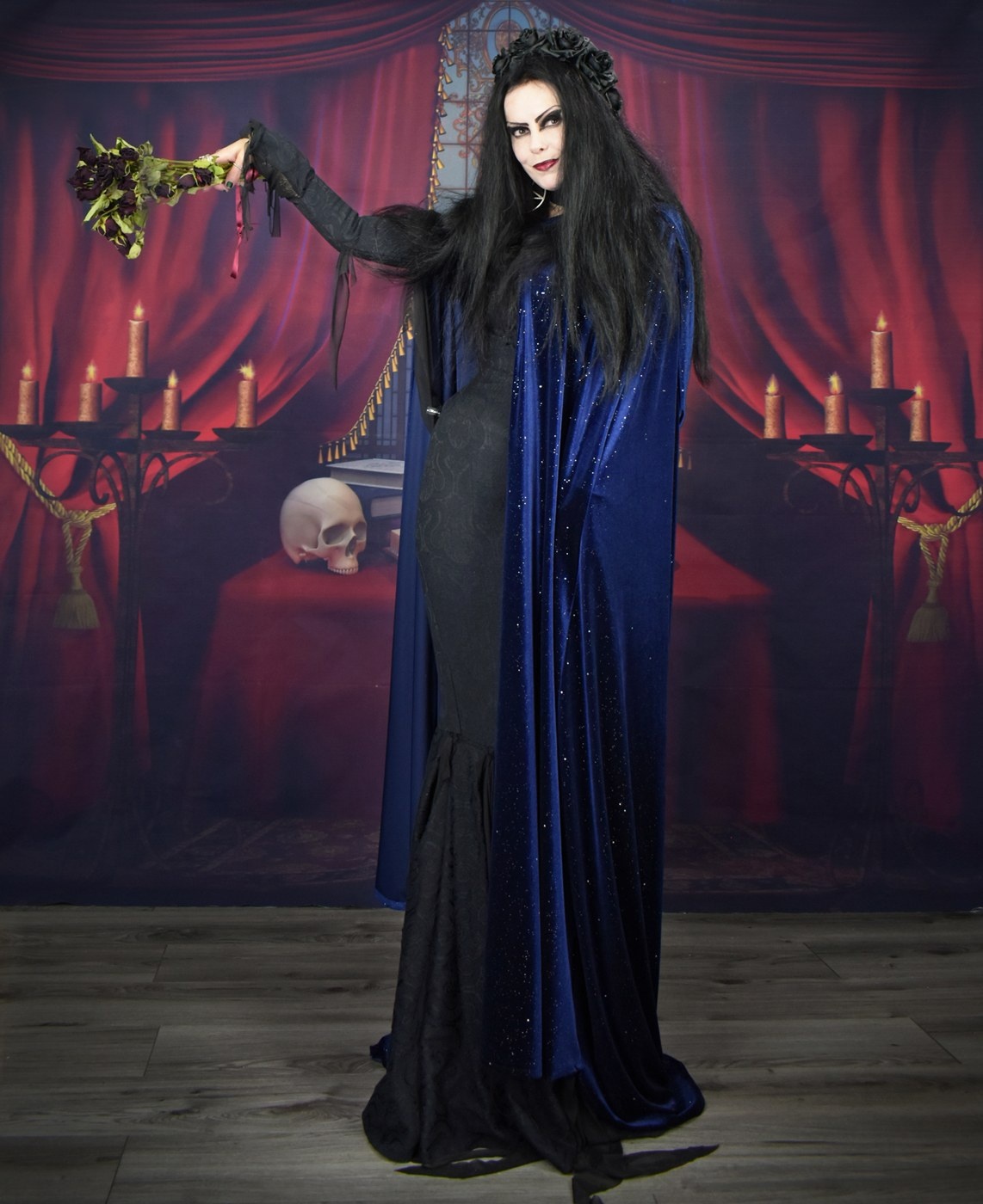 Anjelica Morticia Midnight Cloak - sparkly navy spandex velvet shimmery witch cloak by Moonmaiden Gothic Clothing