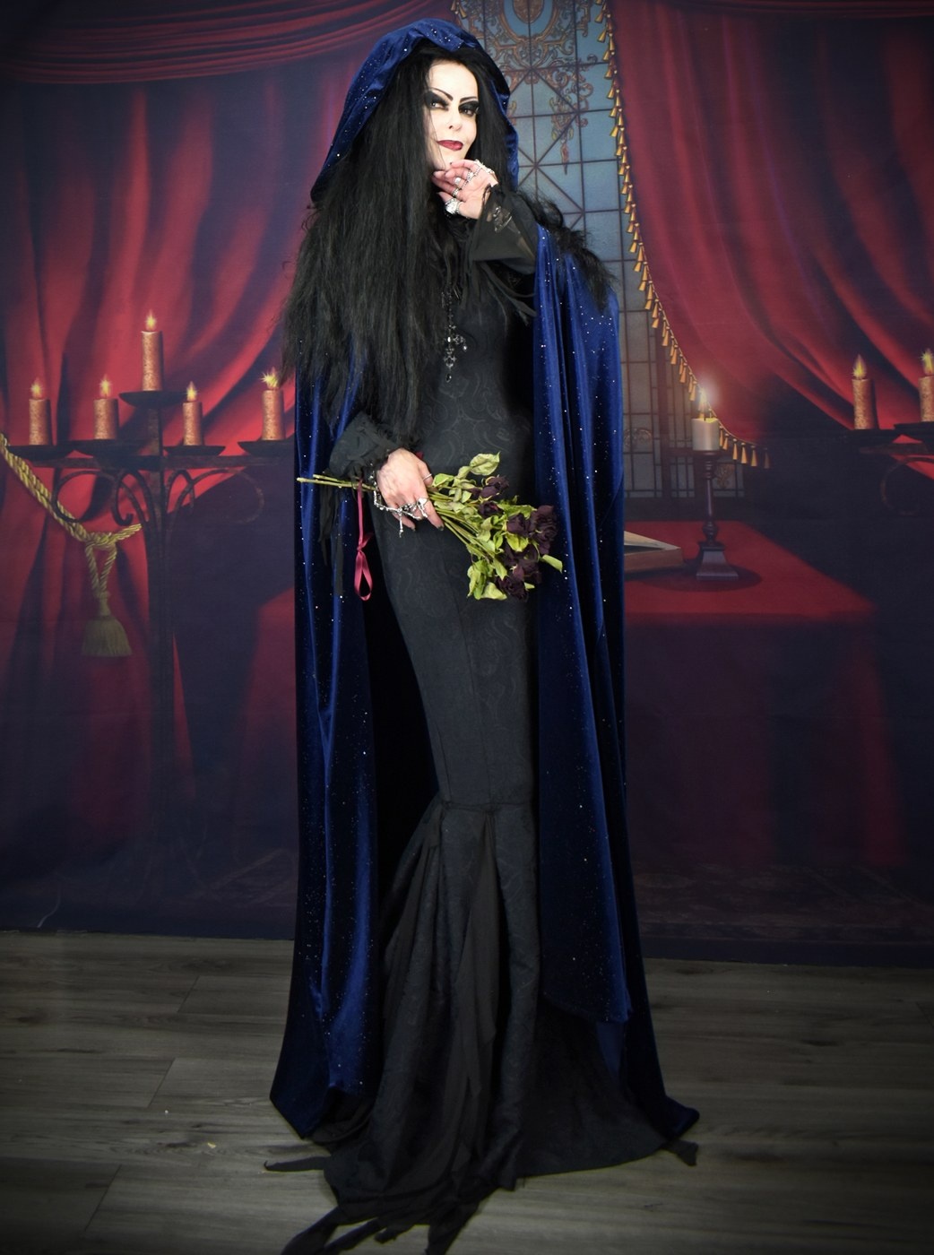 Anjelica Morticia Midnight Cloak - sparkly navy spandex velvet shimmery witch cloak by Moonmaiden Gothic Clothing