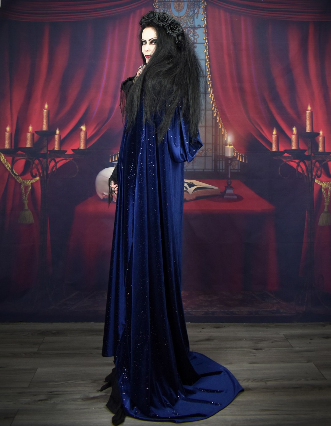 Anjelica Morticia Midnight Cloak - sparkly navy spandex velvet shimmery witch cloak by Moonmaiden Gothic Clothing