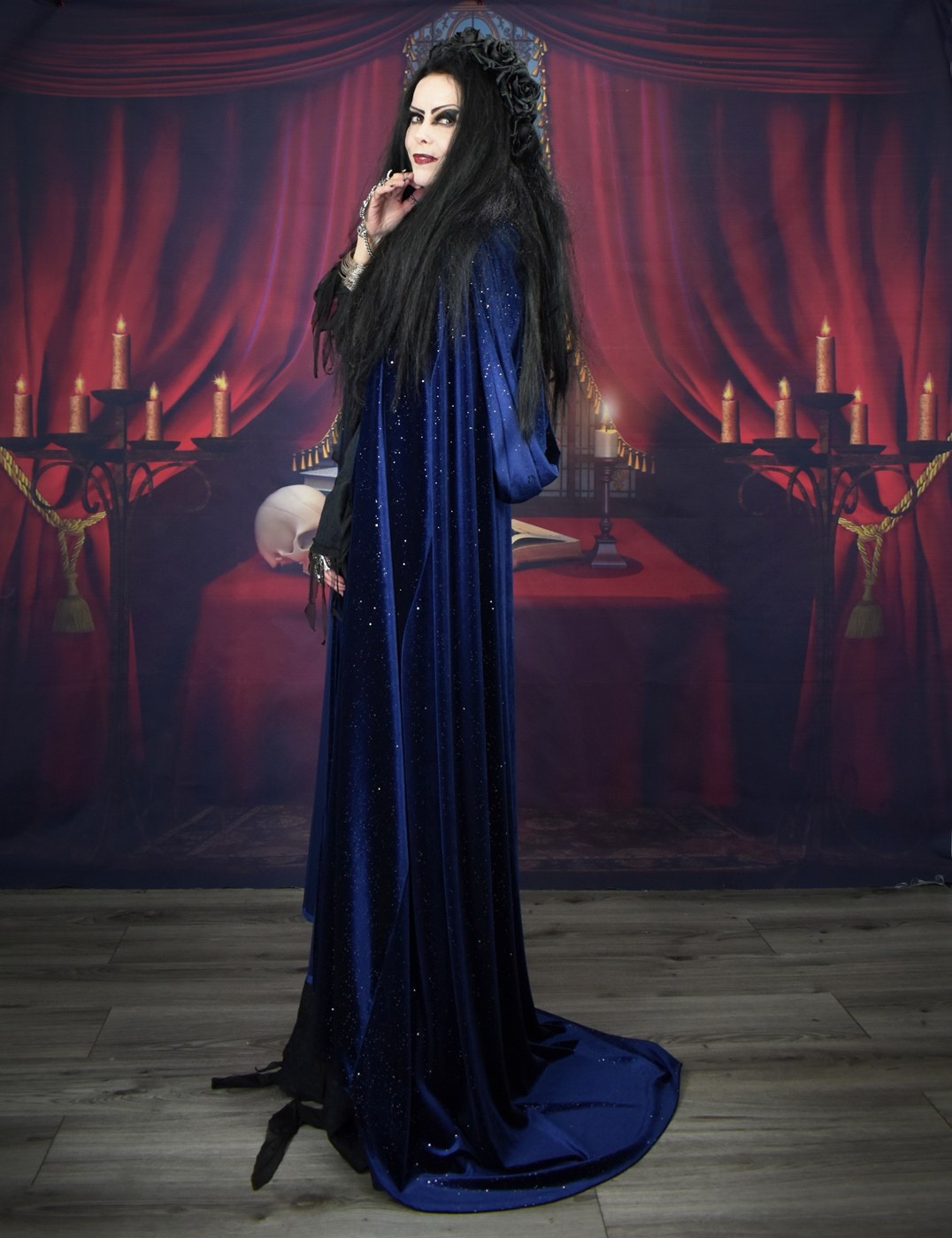 Anjelica Morticia Midnight Cloak - sparkly navy spandex velvet shimmery witch cloak by Moonmaiden Gothic Clothing