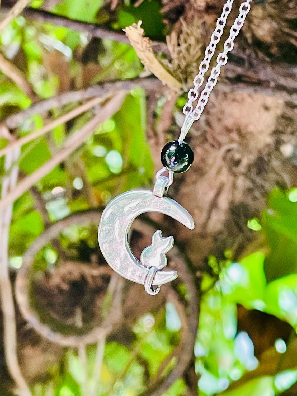 Moon Cat & Black Onyx Pendant Necklace by My Beautiful Gothic