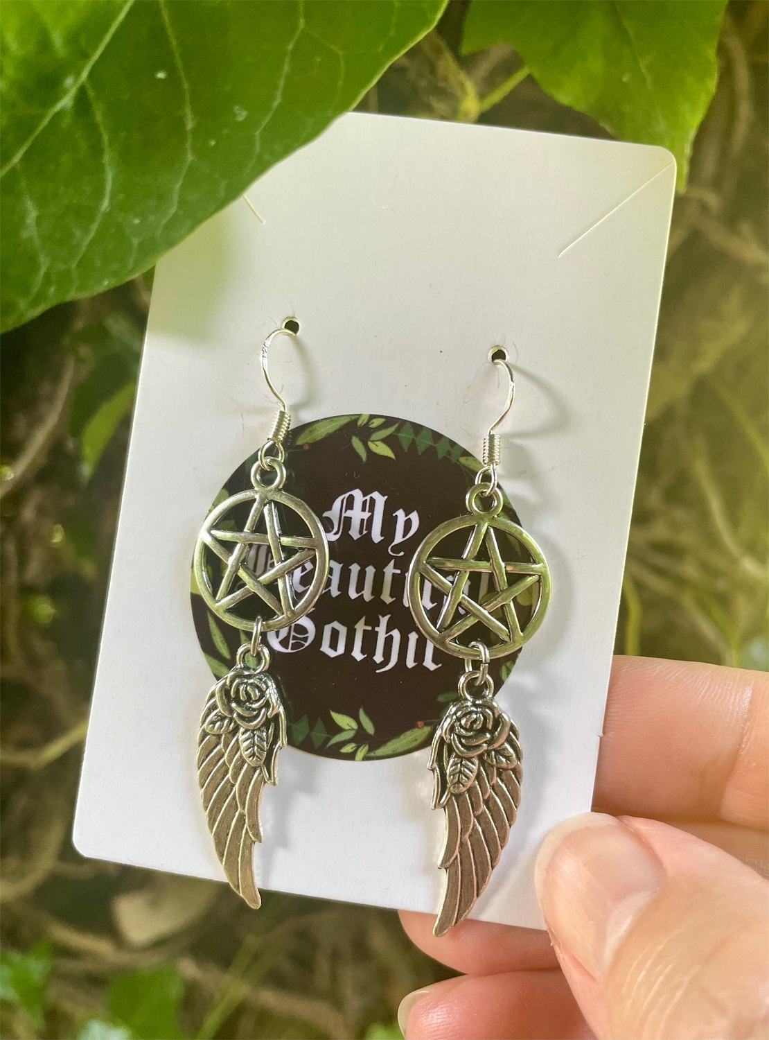 Pentacle & Rose Wing Earrings by My Beautiful Gothic