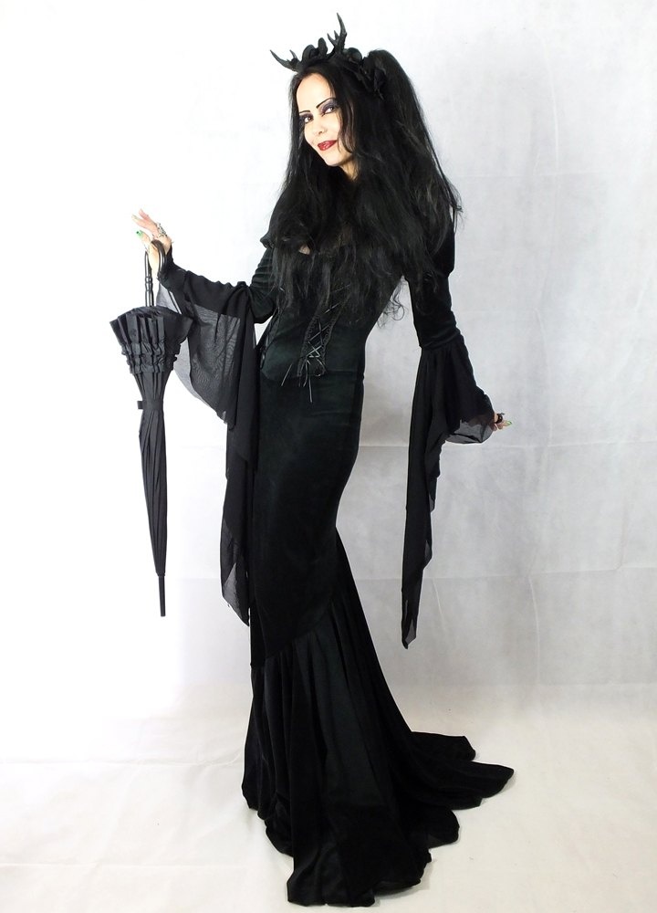 Madame Eviscerella Gown - steamed velvet morticia addams witch halloween vamp dress by Moonmaiden Gothic Clothing