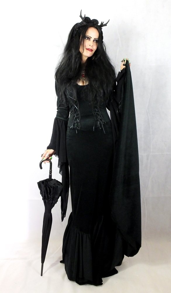 Madame Eviscerella Gown - steamed velvet morticia addams witch halloween vamp dress by Moonmaiden Gothic Clothing