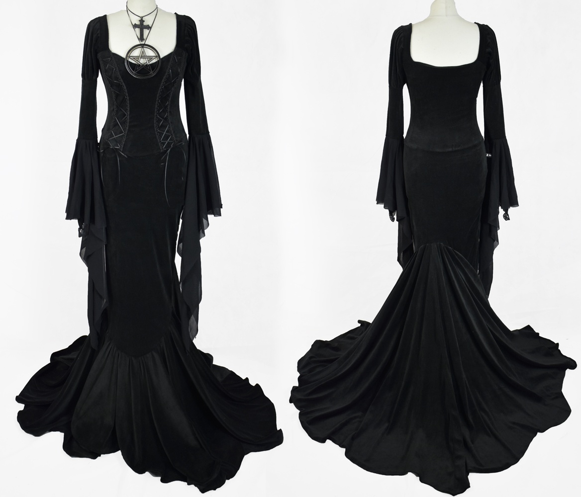Madame Eviscerella Gown - steamed velvet goth steampunk Morticia fishtail dress by Moonmaiden Gothic Clothing