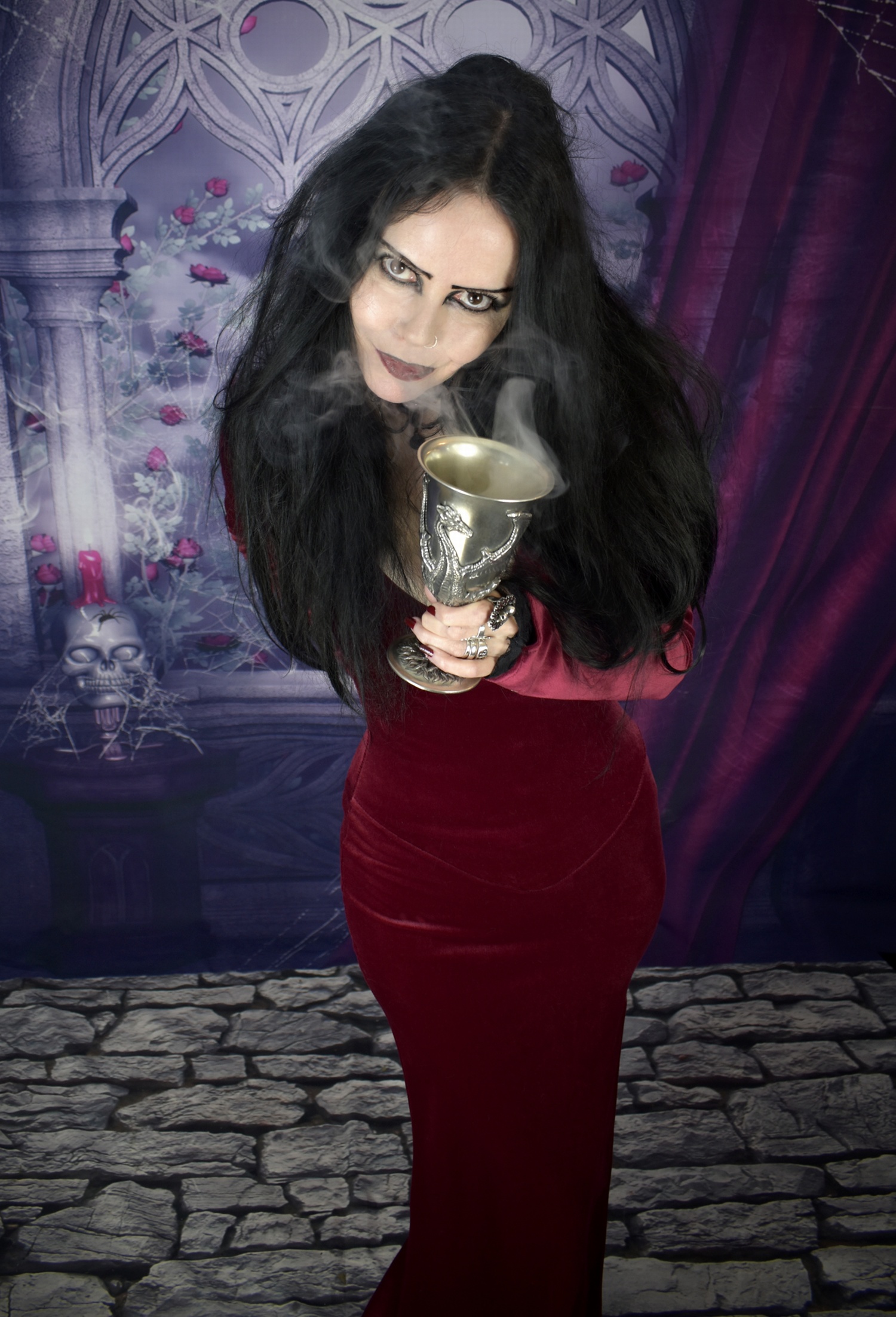 Fenella Carrion Dress - steamed velvet Halloween cosplay costume, based on Fenella Fielding's iconic Valeria from Carry on Screaming