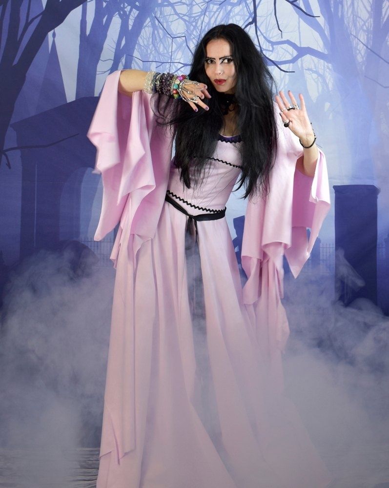 Lily Munster Deluxe Gown - cotton lycra halloween cosplay costume, based on the iconic dress worn by Yvonne de Carlo in the Munsters