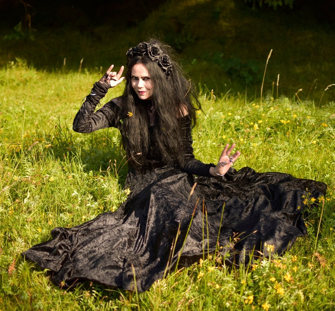 Esteriel Gown - crushed velvet off shoulder medieval witch dress by Moonmaiden Gothic Clothing