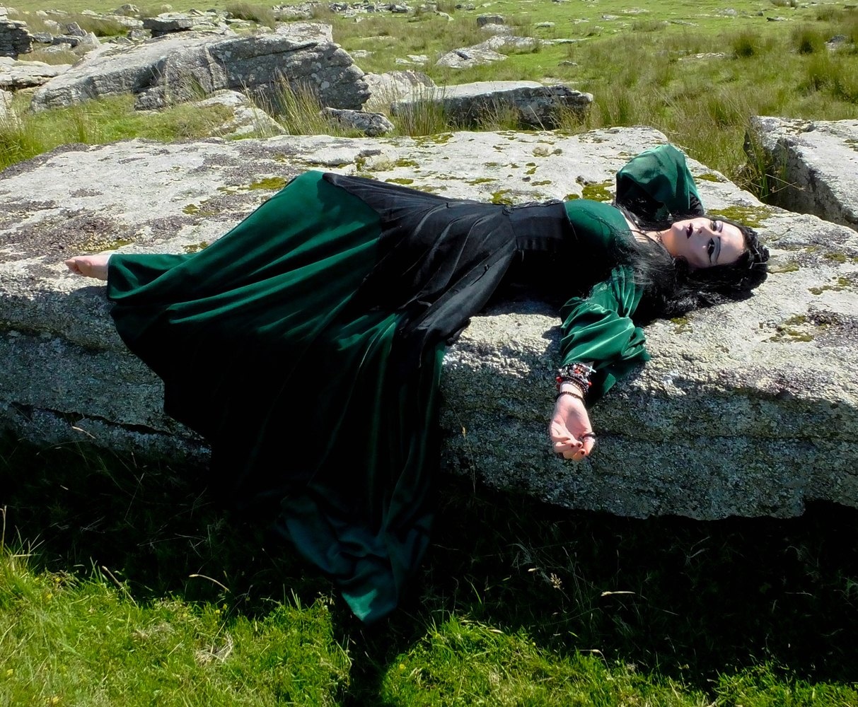 Moonshadow Morwenna Gown - witchy clothing - steamed velvet off shoulder medieval arthurian witch dress by Moonmaiden