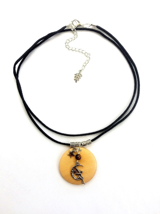 Wooden Necklace with Tibetan Silver Moon-Faerie Star and Tigers Eye