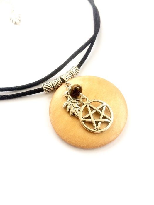 Wooden Necklace with Tibetan Silver Pentacle Leaf and Tigers Eye