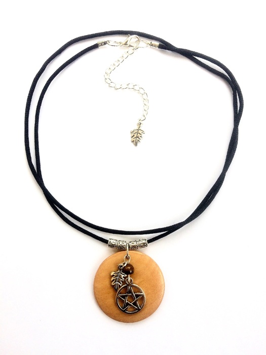 Wooden Necklace with Tibetan Silver Pentacle Leaf and Tigers Eye