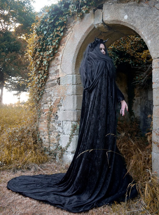 Morticia Requiem Cloak - crushed velvet witchy goth cape by Moonmaiden Gothic Clothing