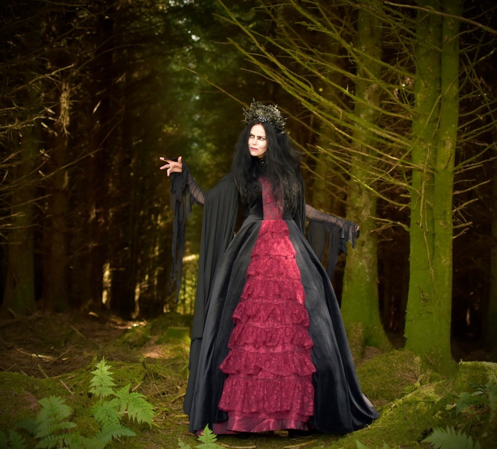 Scarlet in the Shadows Gown - steamed velvet and lace off-shoulder medieval ballgown by Moonmaiden Gothic Clothing