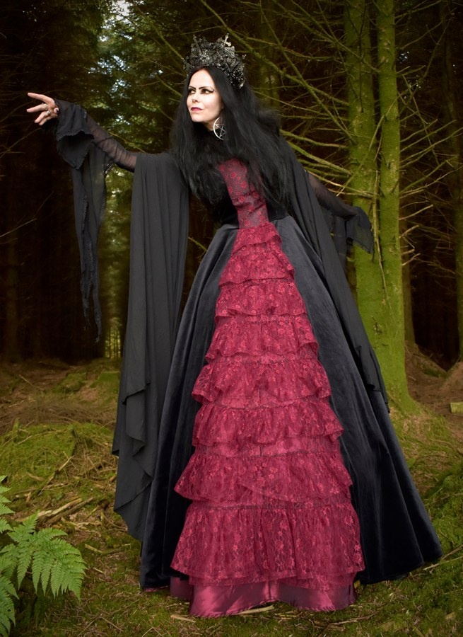 Scarlet in the Shadows Gown - steamed velvet and lace off-shoulder medieval ballgown by Moonmaiden Gothic Clothing