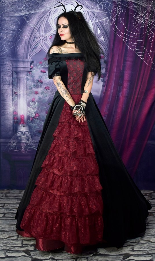 Scarlet in the Shadows Gown - steamed velvet and lace off-shoulder medieval ballgown by Moonmaiden Gothic Clothing